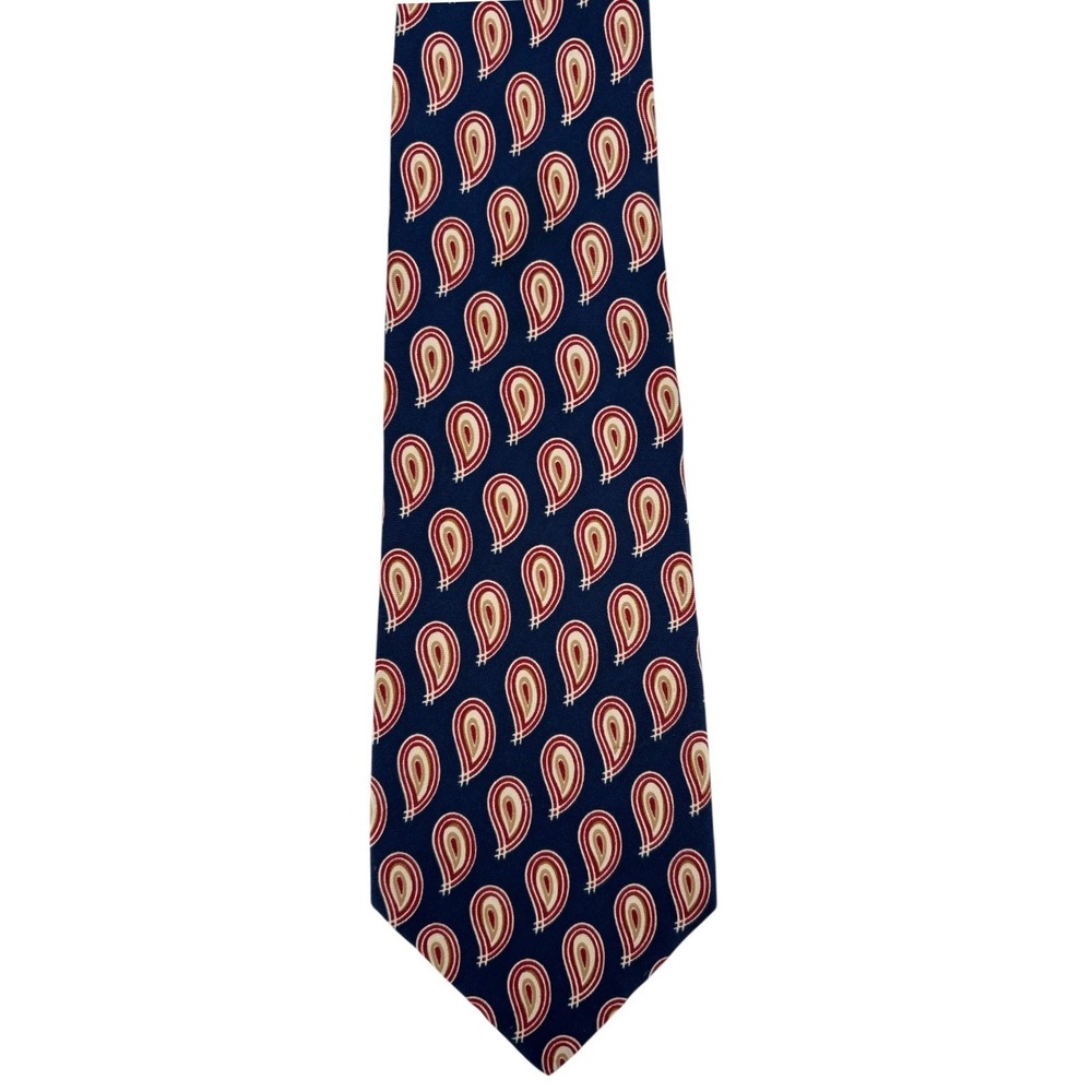 Eddie Bauer Mens Silk Necktie Blue Red Geometric Teardrop Pattern USA 60"x3.75"